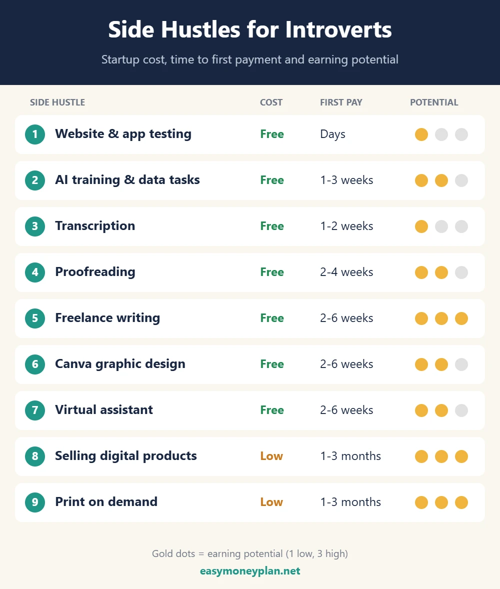 Infographic comparing 9 side hustles for introverts by startup cost, time to first payment and earning potential